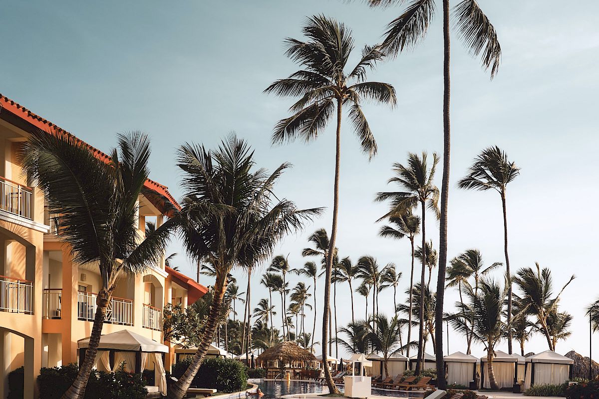 A serene poolside scene with numerous lounge chairs, towering palm trees, and a multi-story building under a clear sky.