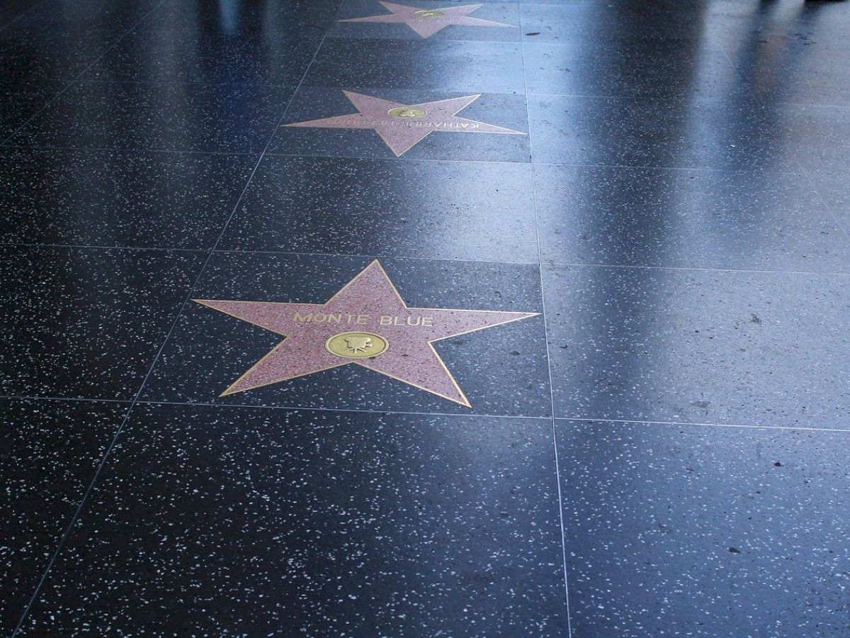 The image shows a portion of the Hollywood Walk of Fame, featuring several stars embedded in the sidewalk with one clearly visible star in focus ending the sentence.